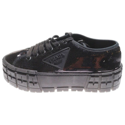 Prada Double Wheel Sequin Rubber Triangle Logo Canvas Lace-Up Platform Low Cut