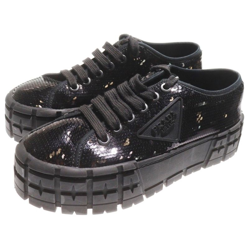 Prada Double Wheel Sequin Rubber Triangle Logo Canvas Lace-Up Platform Low Cut