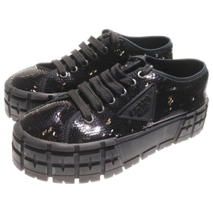 Prada Double Wheel Sequin Rubber Triangle Logo Canvas Lace-Up Platform Low Cut