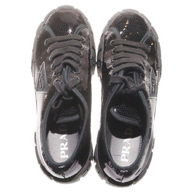 Prada Double Wheel Sequin Rubber Triangle Logo Canvas Lace-Up Platform Low Cut