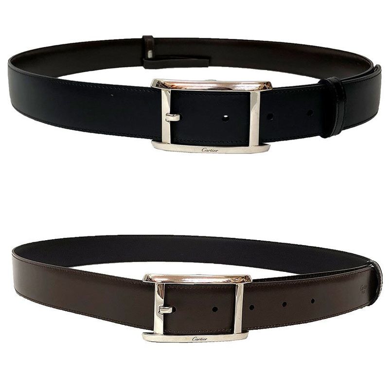 Cartier Leather Belt Reversible Men's Black Brown Silver Buckle Aq12331