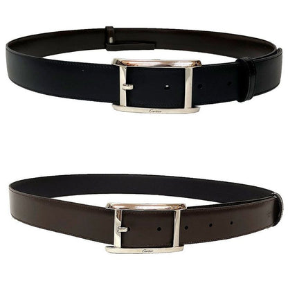 Cartier Leather Belt Reversible Men's Black Brown Silver Buckle Aq12331