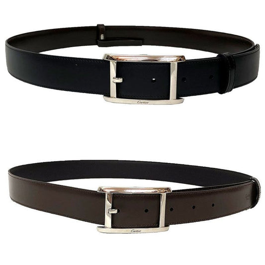 Cartier Leather Belt Reversible Men's Black Brown Silver Buckle Aq12331