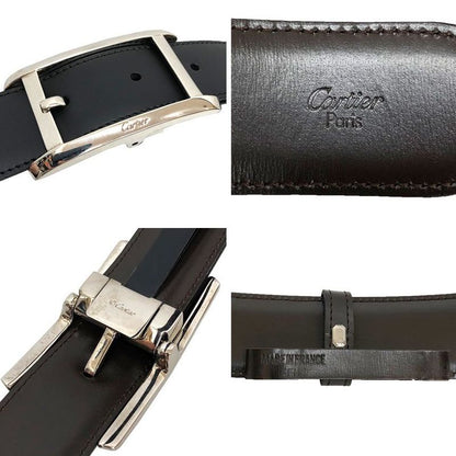 Cartier Leather Belt Reversible Men's Black Brown Silver Buckle Aq12331