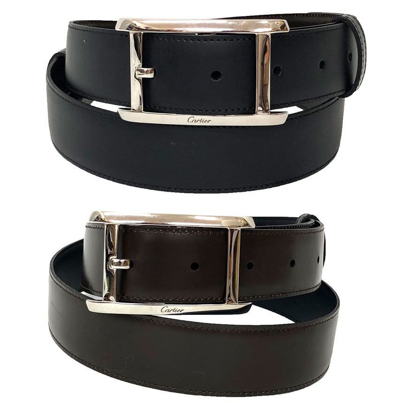 Cartier Leather Belt Reversible Men's Black Brown Silver Buckle Aq12331