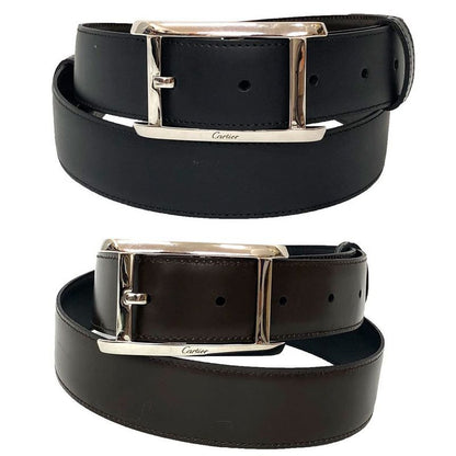 Cartier Leather Belt Reversible Men's Black Brown Silver Buckle Aq12331