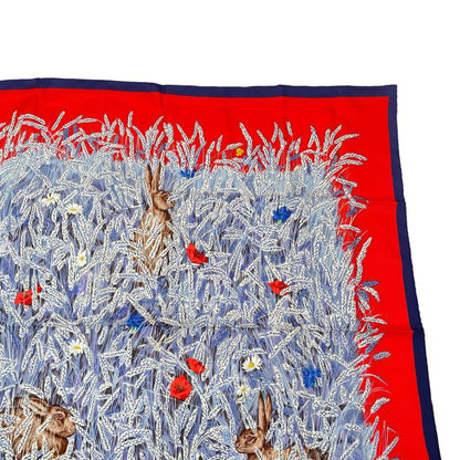 Hermes Scarf Silk Carre 90 Lapins DANS UN Champ de Wheat Field And Rabbit Red