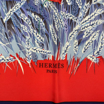 Hermes Scarf Silk Carre 90 Lapins DANS UN Champ de Wheat Field And Rabbit Red