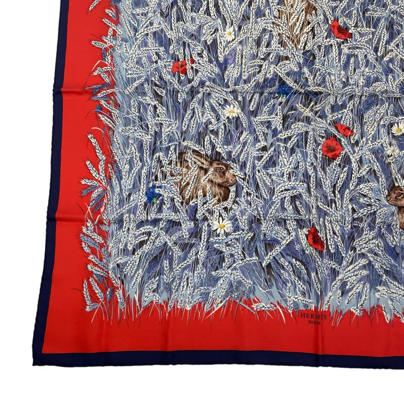 Hermes Scarf Silk Carre 90 Lapins DANS UN Champ de Wheat Field And Rabbit Red