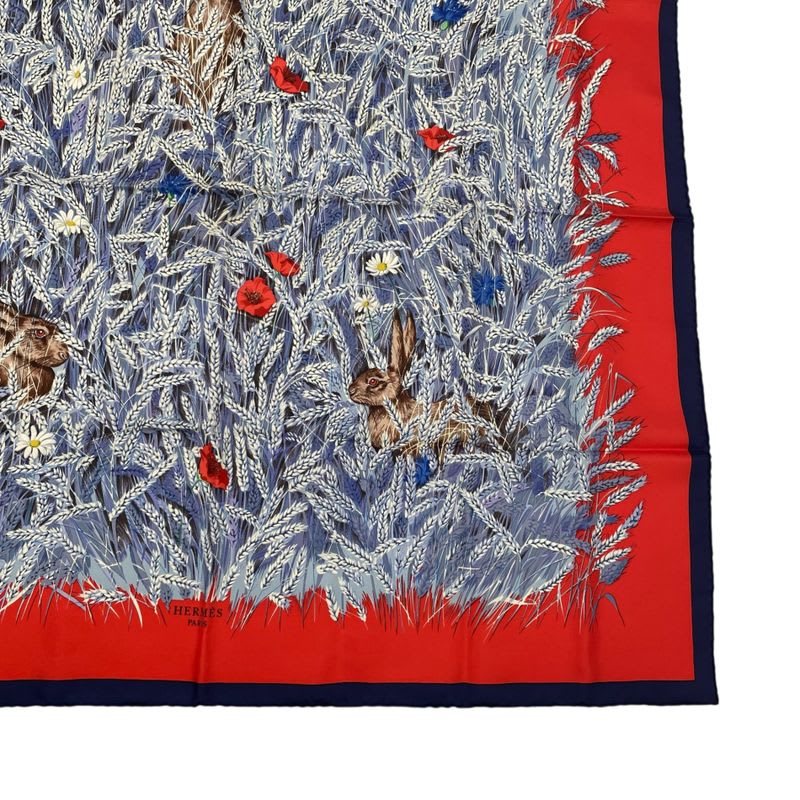 Hermes Scarf Silk Carre 90 Lapins DANS UN Champ de Wheat Field And Rabbit Red