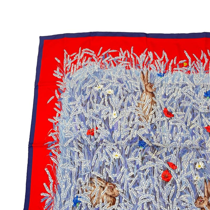 Hermes Scarf Silk Carre 90 Lapins DANS UN Champ de Wheat Field And Rabbit Red