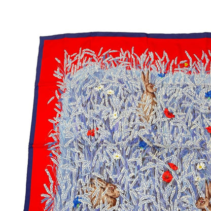 Hermes Scarf Silk Carre 90 Lapins DANS UN Champ de Wheat Field And Rabbit Red