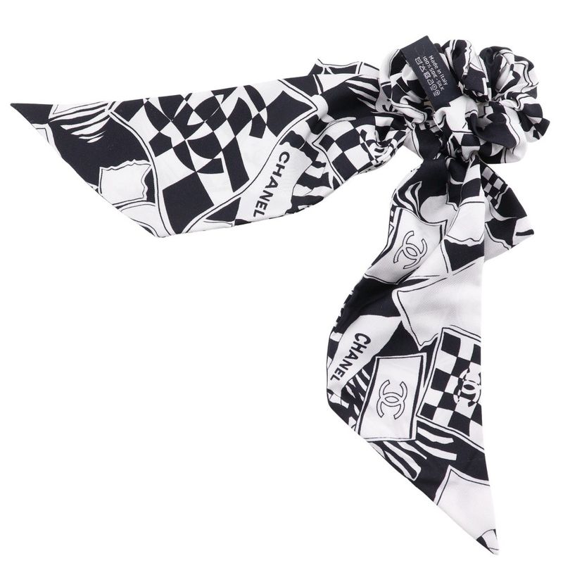 Chanel Ribbon Scrunchie Coco Mark Silk Black White Women's Other Accessories