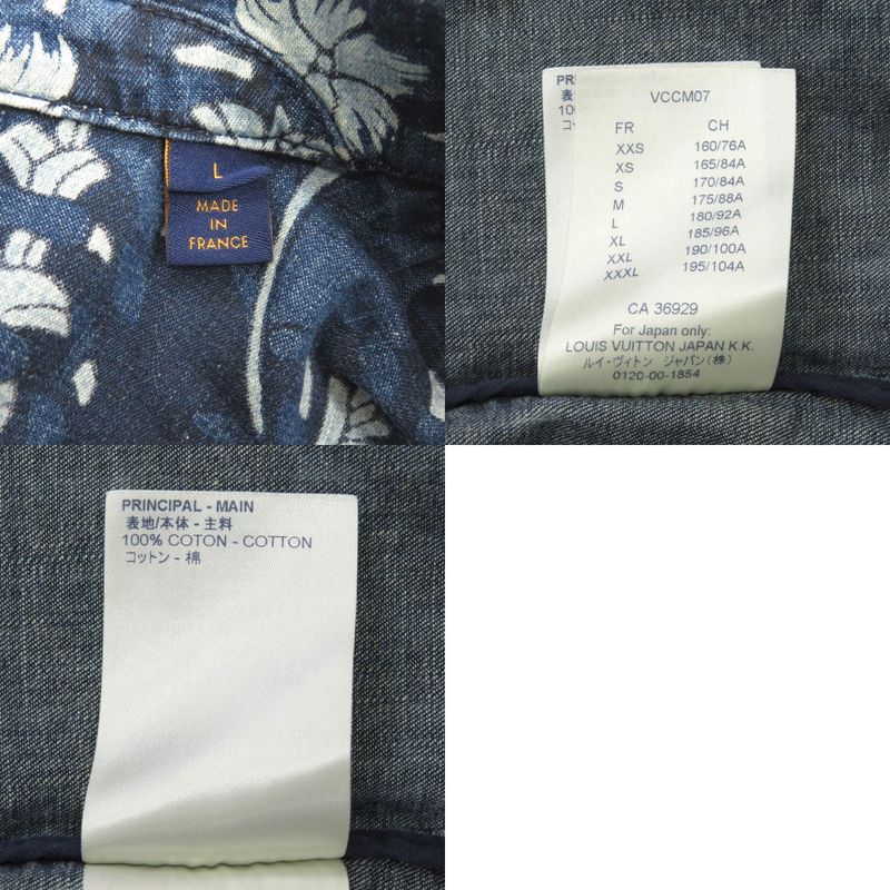 Louis Vuitton Aloha Shirt Denim L Size Floral Pattern Cotton Blue Short Sleeve