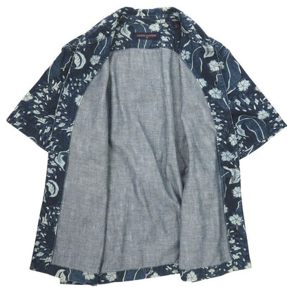 Louis Vuitton Aloha Shirt Denim L Size Floral Pattern Cotton Blue Short Sleeve