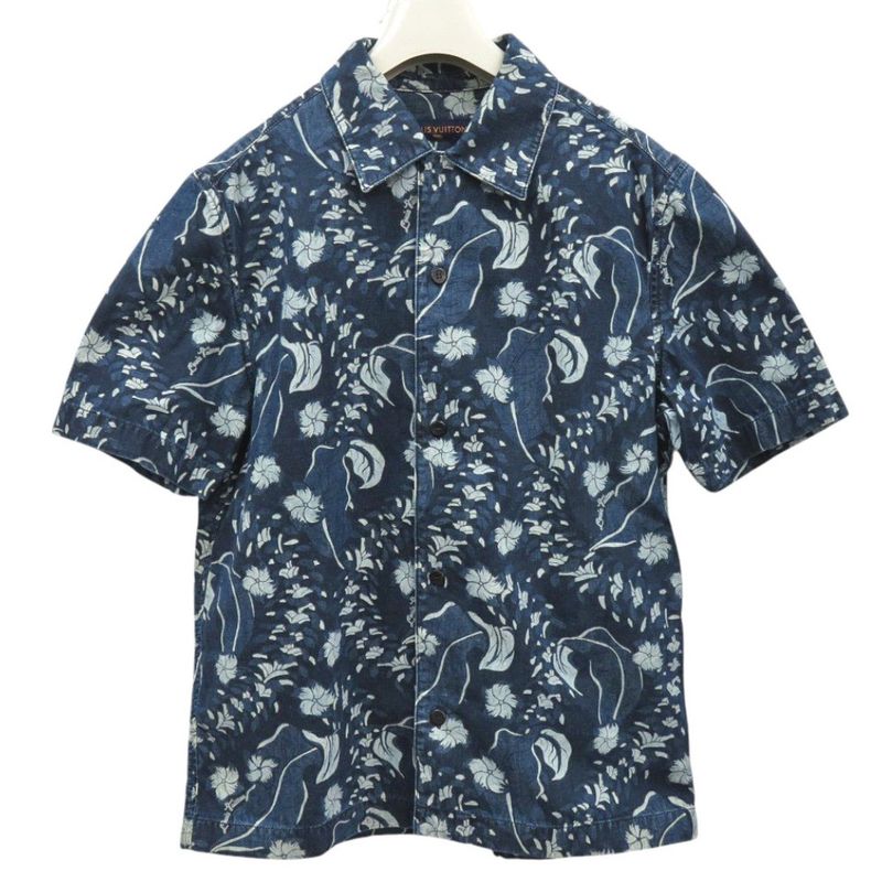 Louis Vuitton Aloha Shirt Denim L Size Floral Pattern Cotton Blue Short Sleeve