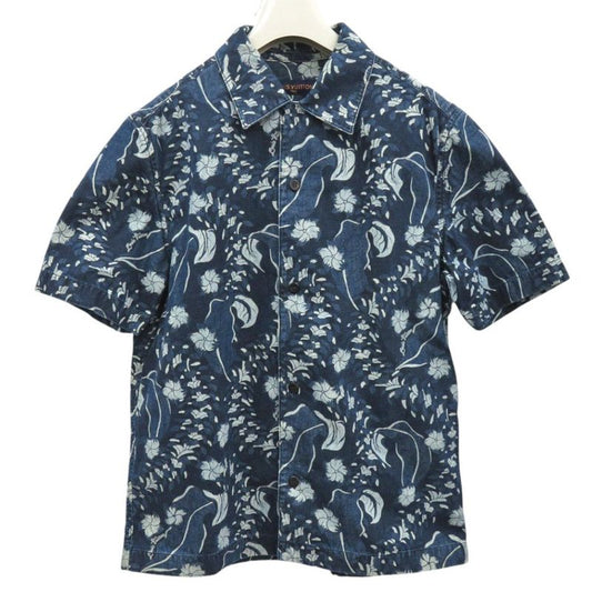 Louis Vuitton Aloha Shirt Denim L Size Floral Pattern Cotton Blue Short Sleeve