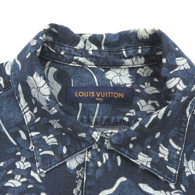 Louis Vuitton Aloha Shirt Denim L Size Floral Pattern Cotton Blue Short Sleeve