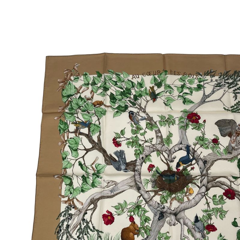Hermes Carre 90 Scarf Silk U Coeur DES BOIS In The Forest Brown