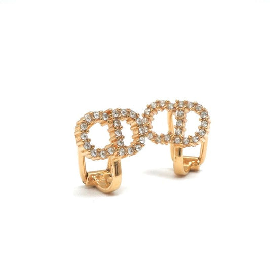 Christian DIOR Petit CD Earrings Earring Gold CD Clip-on Stud Earring Rhinestone