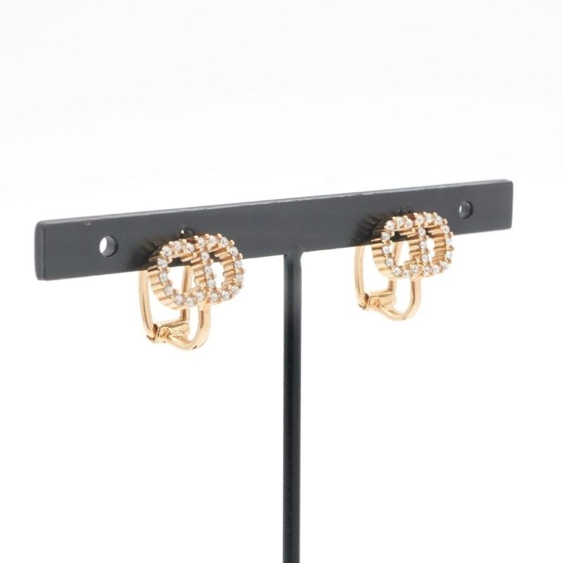 Christian DIOR Petit CD Earrings Earring Gold CD Clip-on Stud Earring Rhinestone