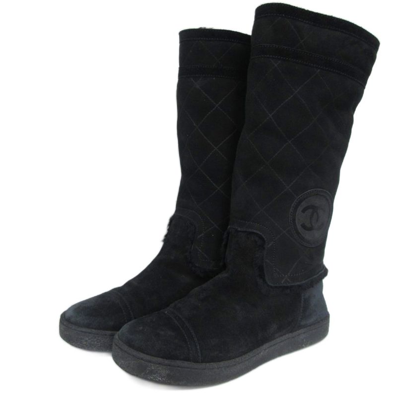Chanel Matelasse Mouton Long Boots Coco Mark G26557 Leather 35 Black Black