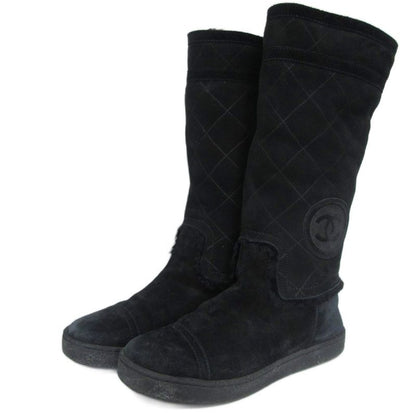 Chanel Matelasse Mouton Long Boots Coco Mark G26557 Leather 35 Black Black