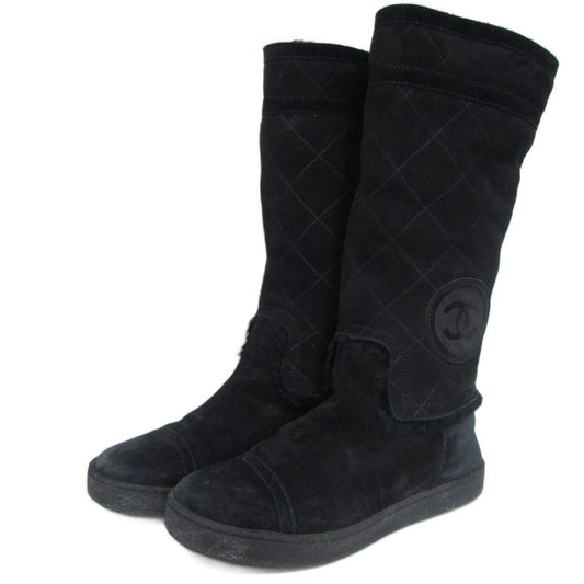 Chanel Matelasse Mouton Long Boots Coco Mark G26557 Leather 35 Black Black