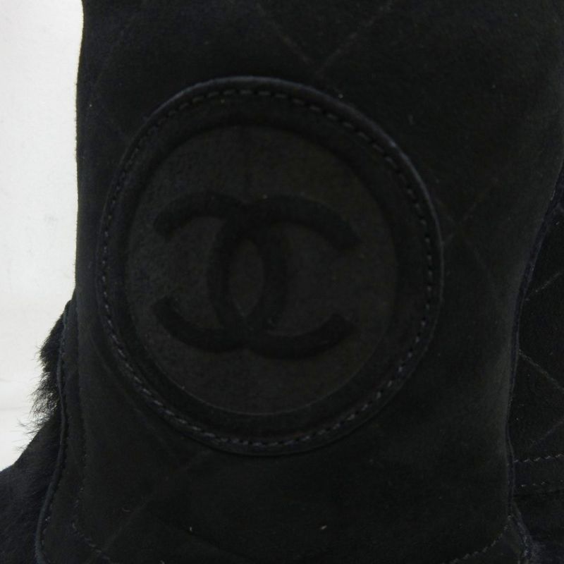 Chanel Matelasse Mouton Long Boots Coco Mark G26557 Leather 35 Black Black