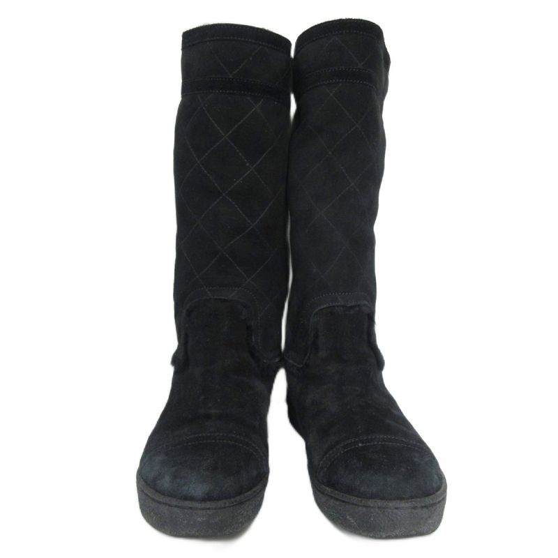 Chanel Matelasse Mouton Long Boots Coco Mark G26557 Leather 35 Black Black