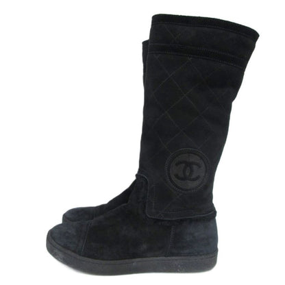 Chanel Matelasse Mouton Long Boots Coco Mark G26557 Leather 35 Black Black