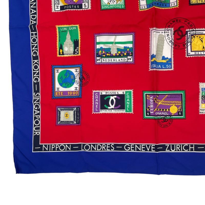 Chanel Scarf Silk Stamp Pattern Coco Mark Multicolor