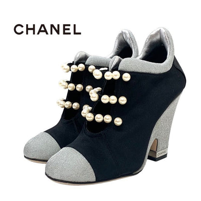Chanel Boots Short Boots Booties Pearl Satin Black