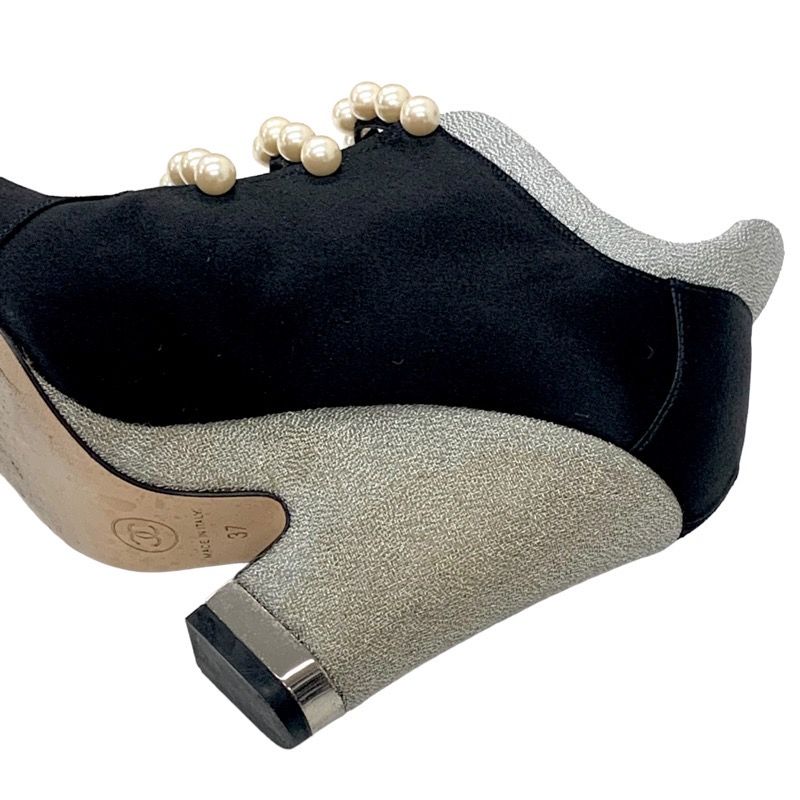 Chanel Boots Short Boots Booties Pearl Satin Black