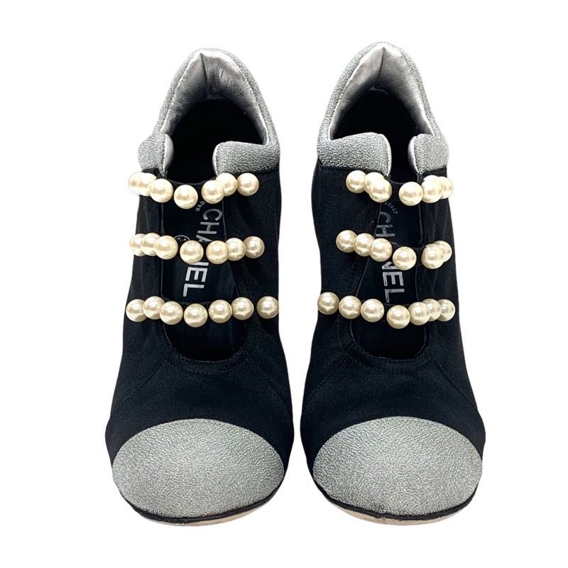 Chanel Boots Short Boots Booties Pearl Satin Black