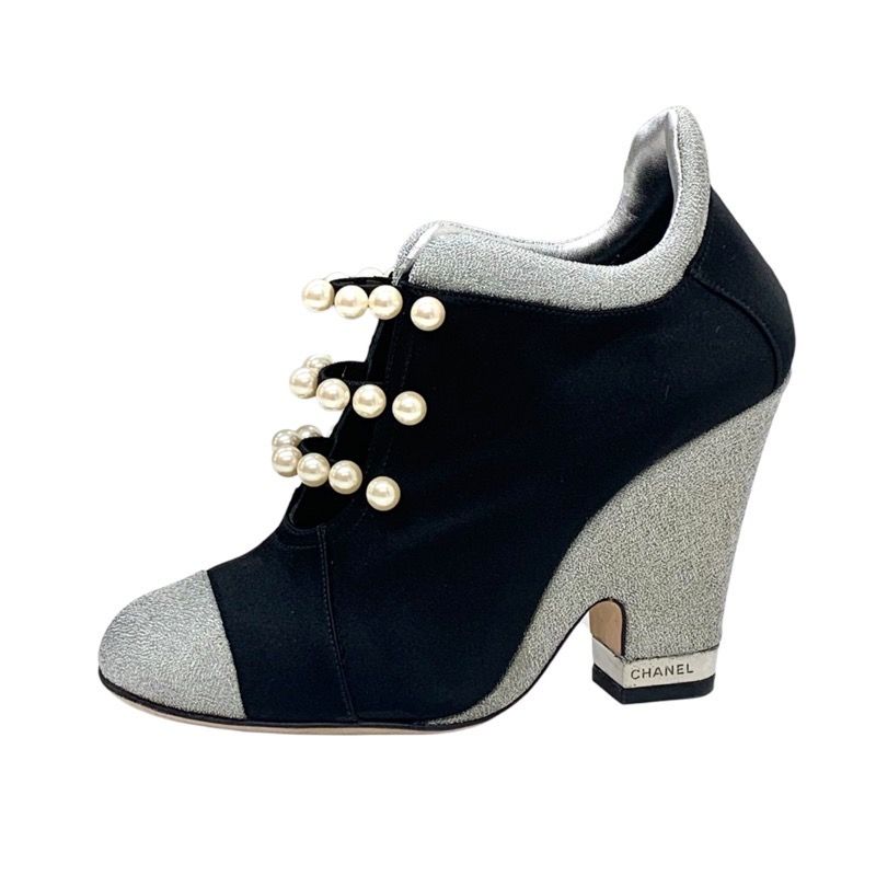 Chanel Boots Short Boots Booties Pearl Satin Black