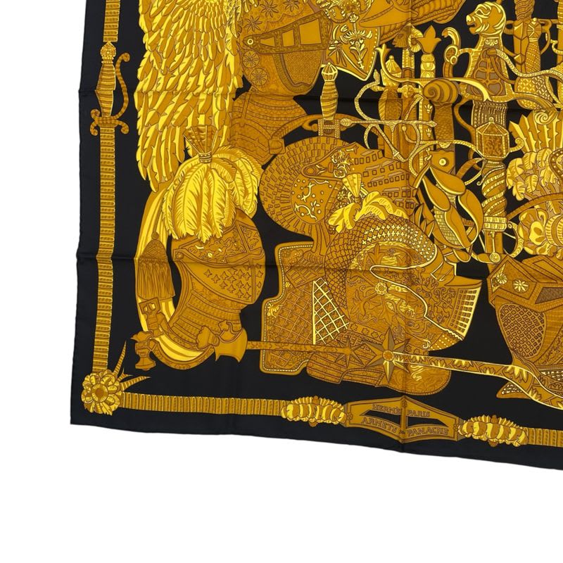 Hermes Scarf Silk Carre 90 Armets En Panache Feather Helmet Gold Black