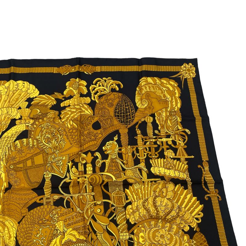Hermes Scarf Silk Carre 90 Armets En Panache Feather Helmet Gold Black