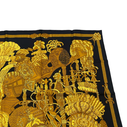 Hermes Scarf Silk Carre 90 Armets En Panache Feather Helmet Gold Black