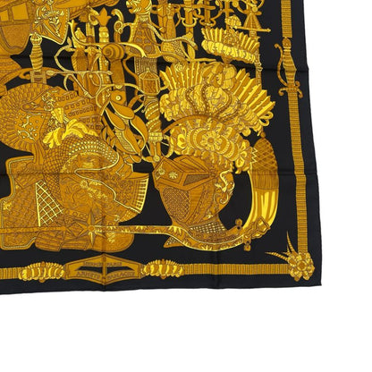Hermes Scarf Silk Carre 90 Armets En Panache Feather Helmet Gold Black
