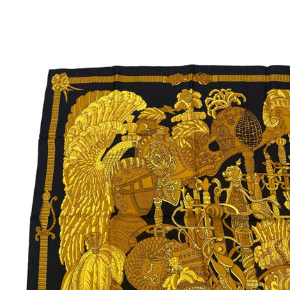 Hermes Scarf Silk Carre 90 Armets En Panache Feather Helmet Gold Black