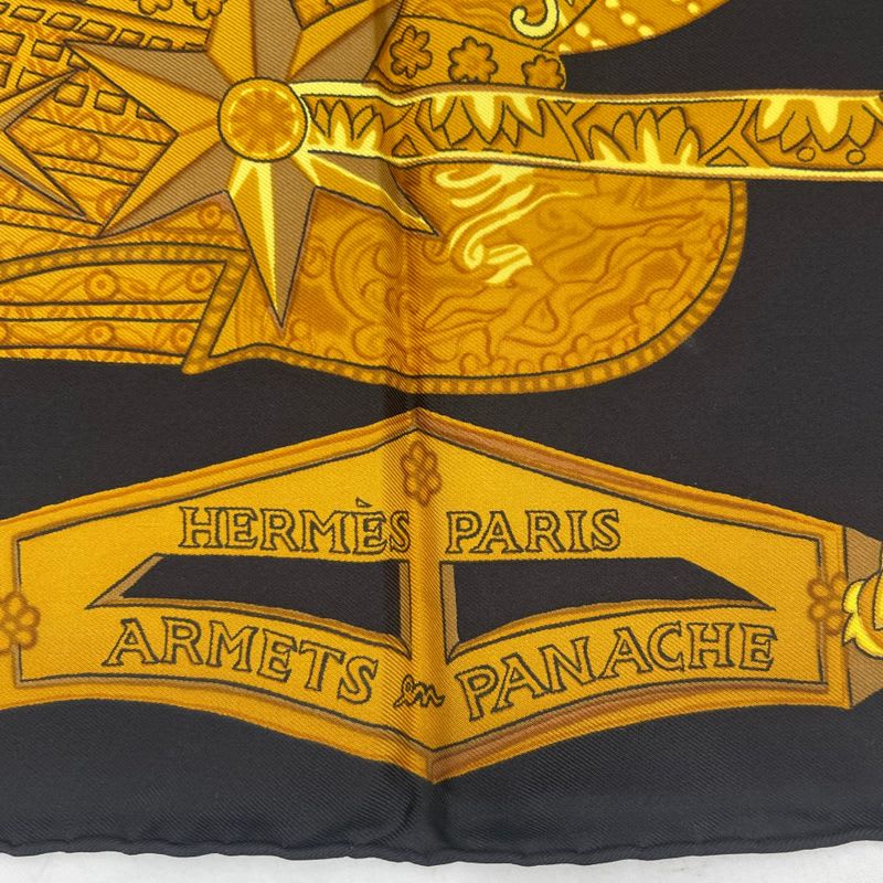 Hermes Scarf Silk Carre 90 Armets En Panache Feather Helmet Gold Black