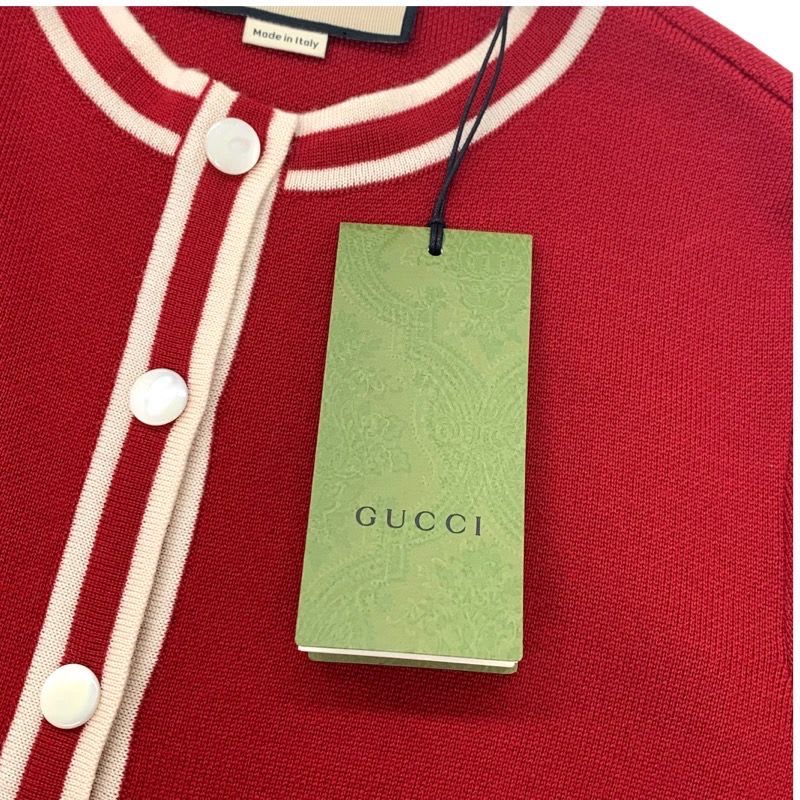 Gucci Cardigan Knit Jacket GG Jacquard Wool Red