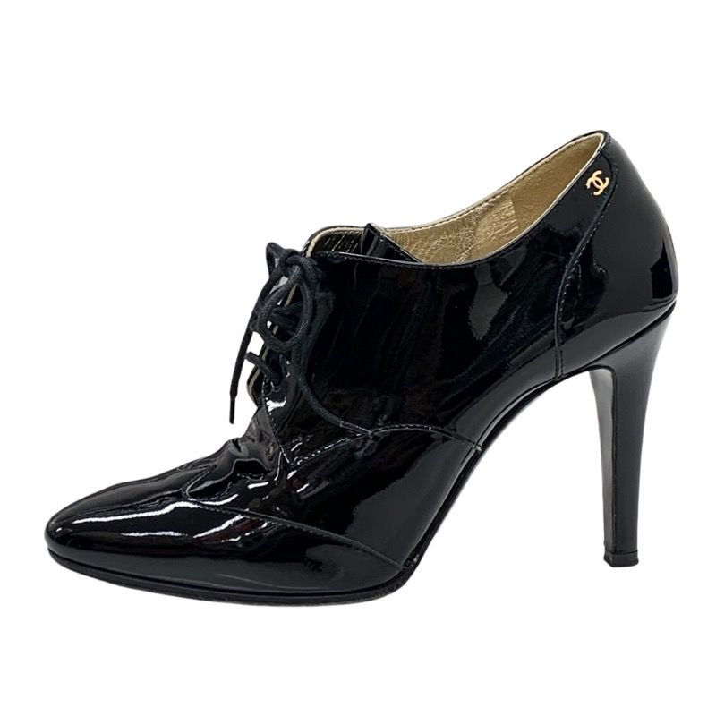 Chanel Boots Short Boots Booties Lace Up Here Mark Patent Black