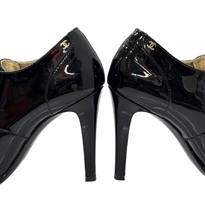 Chanel Boots Short Boots Booties Lace Up Here Mark Patent Black