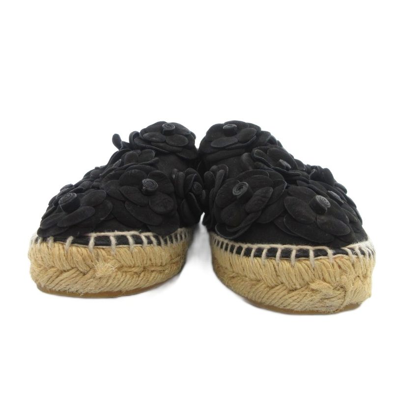 Chanel Camellia Suede Espadrille Slip-on Shoes 38 Black Black UO - GY18