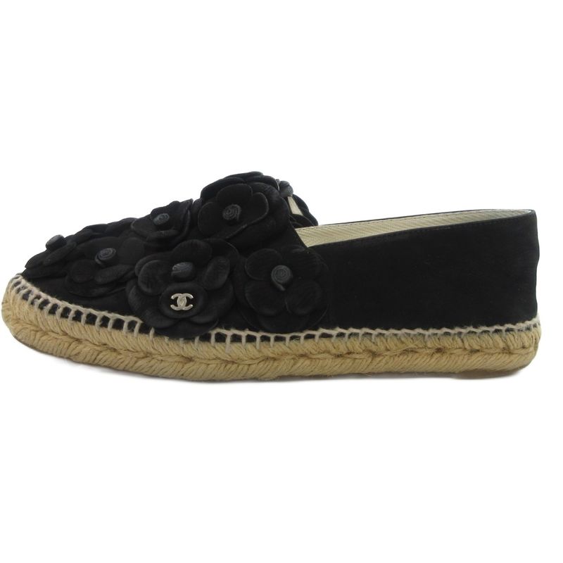 Chanel Camellia Suede Espadrille Slip-on Shoes 38 Black Black UO - GY18