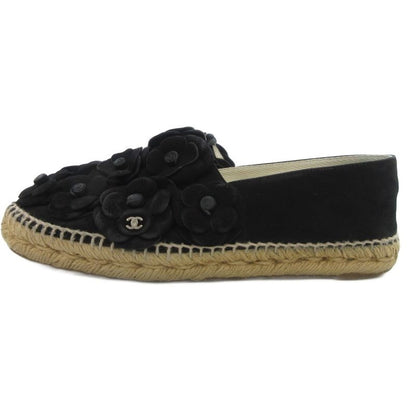 Chanel Camellia Suede Espadrille Slip-on Shoes 38 Black Black UO - GY18
