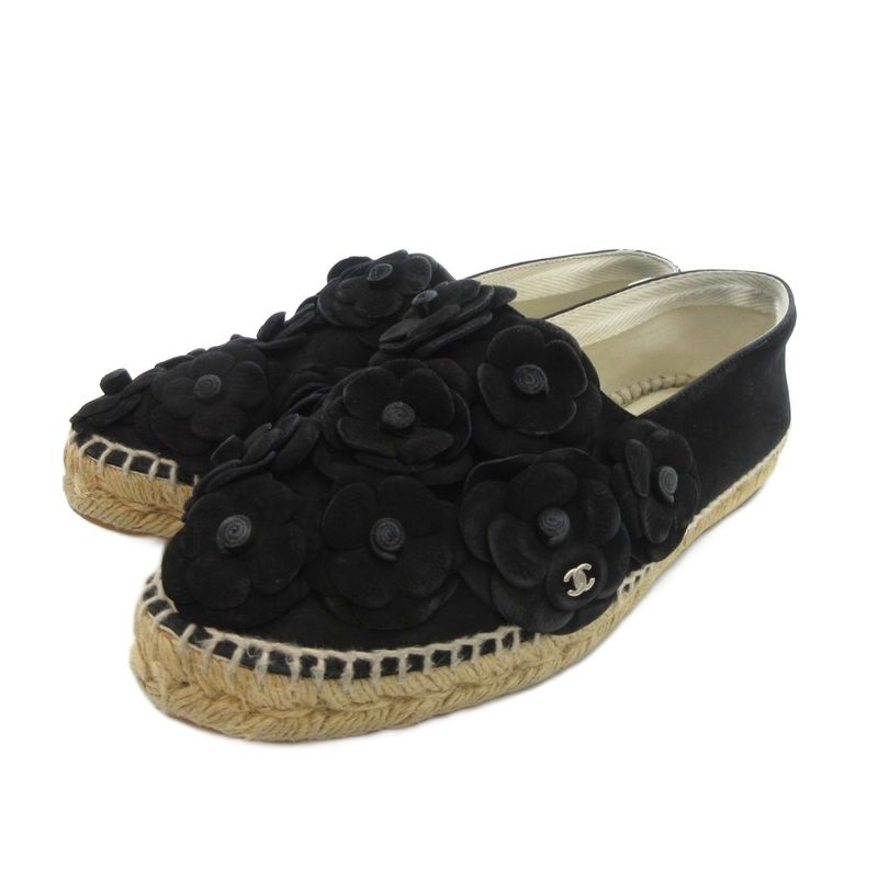 Chanel Camellia Suede Espadrille Slip-on Shoes 38 Black Black UO - GY18