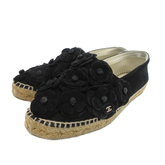 Chanel Camellia Suede Espadrille Slip-on Shoes 38 Black Black UO - GY18